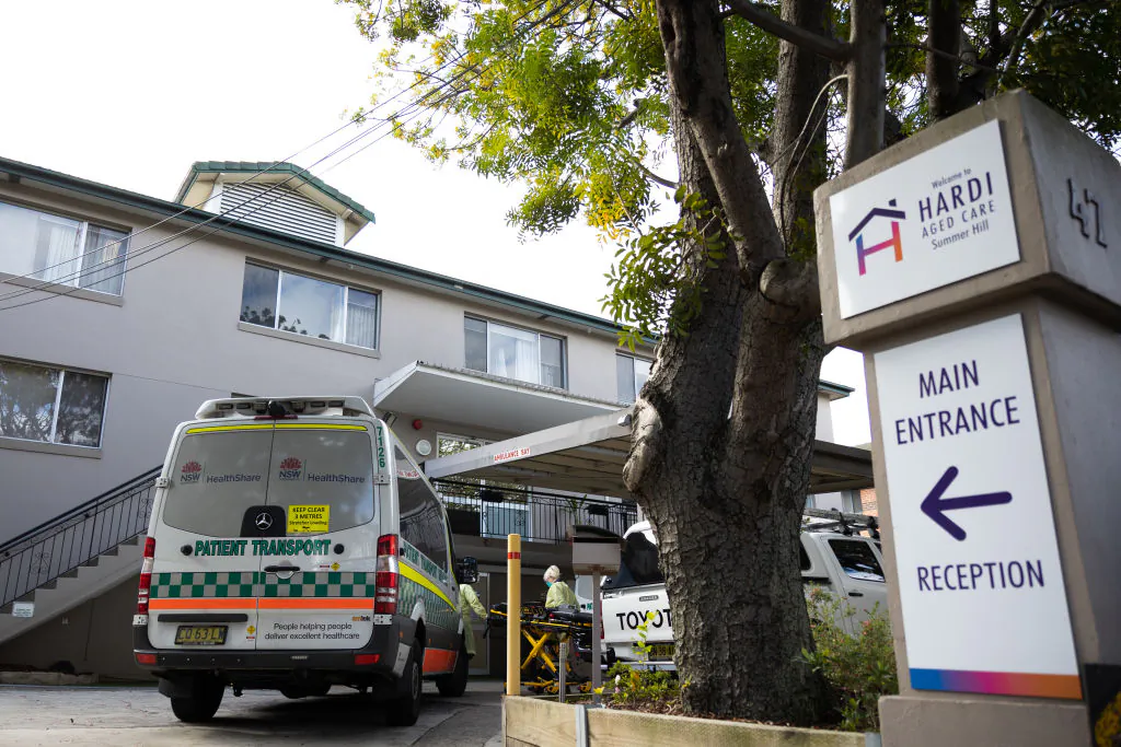 An ambulance parks in front of the Wyoming Nursing Home in Sydney, Australia, on Aug. 2, 2021. (Sean Foster/Getty Images)