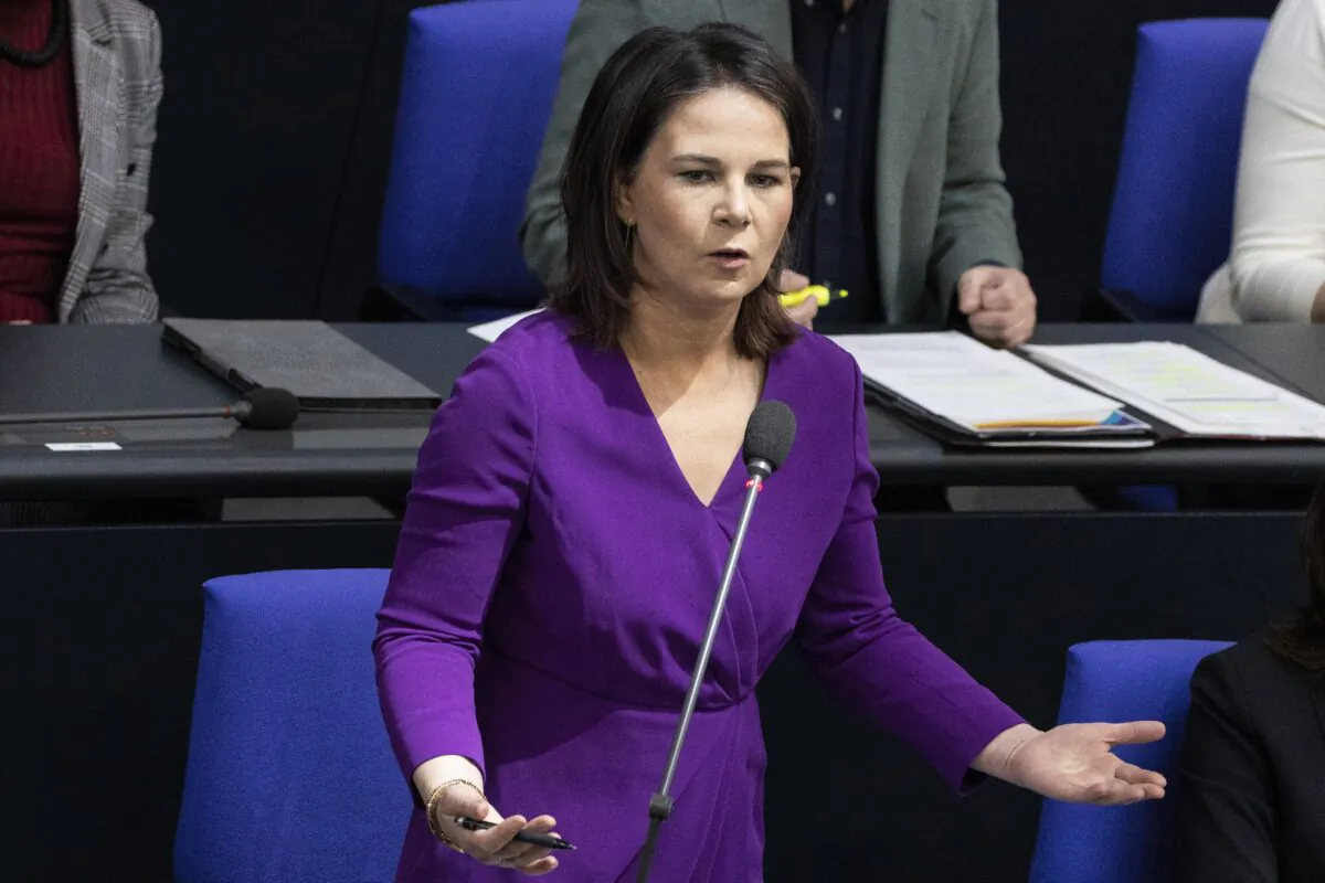 German Foreign Minister Annalena Baerbock responds to questions from fellow parliamentarians at a federal government question and answer session in Berlin on April 19, 2023. (Maja Hitij/Getty Images)