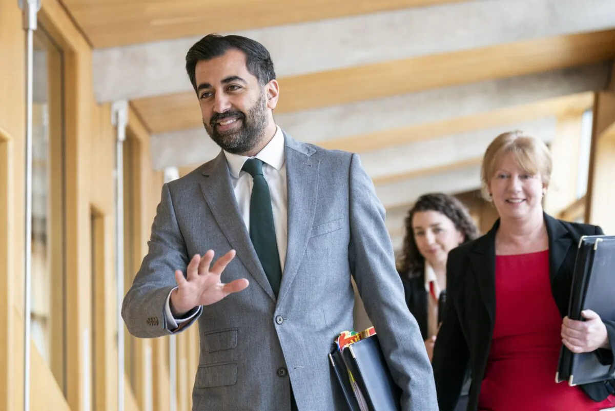 Scotland’s First Minister Humza Yousaf and Deputy First Minister Shona Robison (right) arrive for First Minister's Questions (FMQs) in the main chamber of the Scottish Parliament in Edinburgh, on April 20, 2023. (Jane Barlow/PA Media)