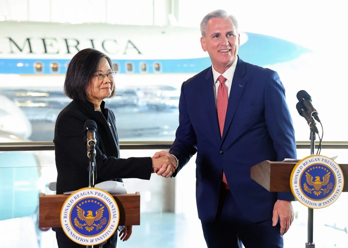 Speaker of the House Kevin McCarthy (R-Calif.) (R) and Taiwanese President Tsai Ing-wen (L) shake hands in the Air Force One Pavilion at the Ronald Reagan Presidential Library in Simi Valley, Calif. on April 5, 2023. (Photo by Mario Tama/Getty Images)