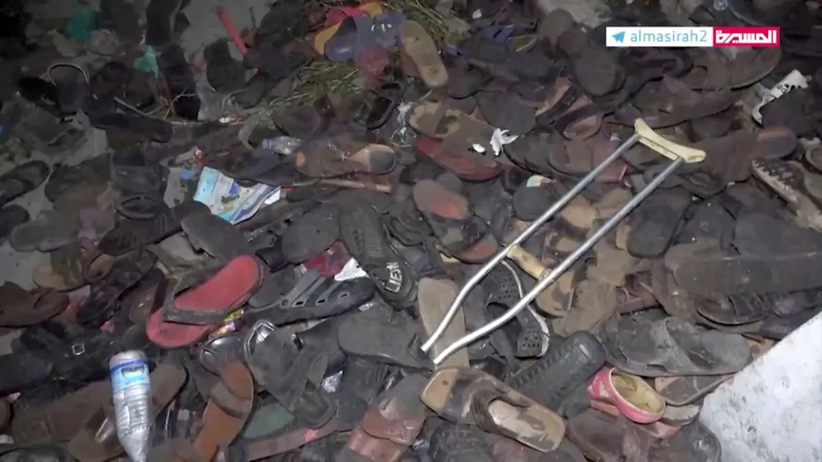 Abandoned footwear and other belongings lie on the ground after a stampede in Sanaa, Yemen, on April 19, 2023, in this still image taken from video. (Al Masirah TV/via Reuters TV/Handout via Reuters)