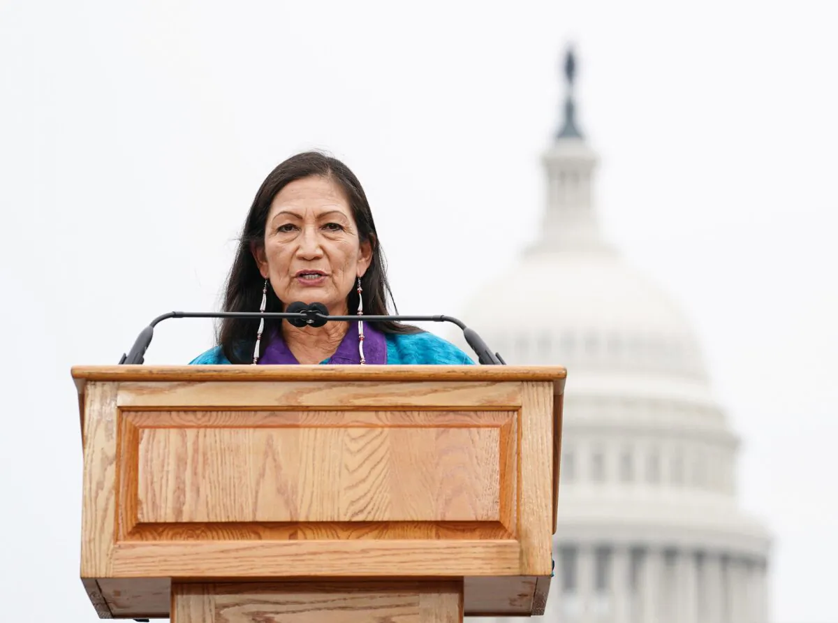 Secretary of the Interior Deb Haaland delivers remarks at an event commemorating the delivery of the Red Road Totem Pole to the Biden administration, in Washington on July 29, 2021. (Jemal Countess/Getty Images for Native Organizers Alliance)
