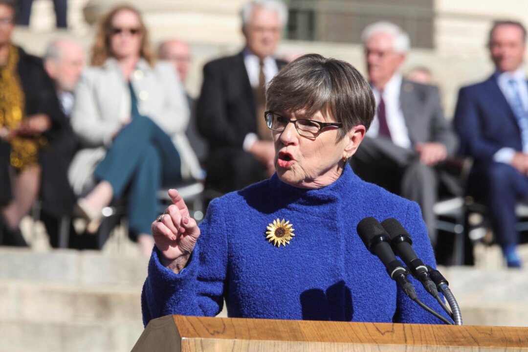 Kansas Gov. Laura Kelly gives her inaugural address for her second four-year term on the south steps of the Statehouse in Topeka, Kan., on Jan. 9, 2023. (John Hanna/AP Photo)