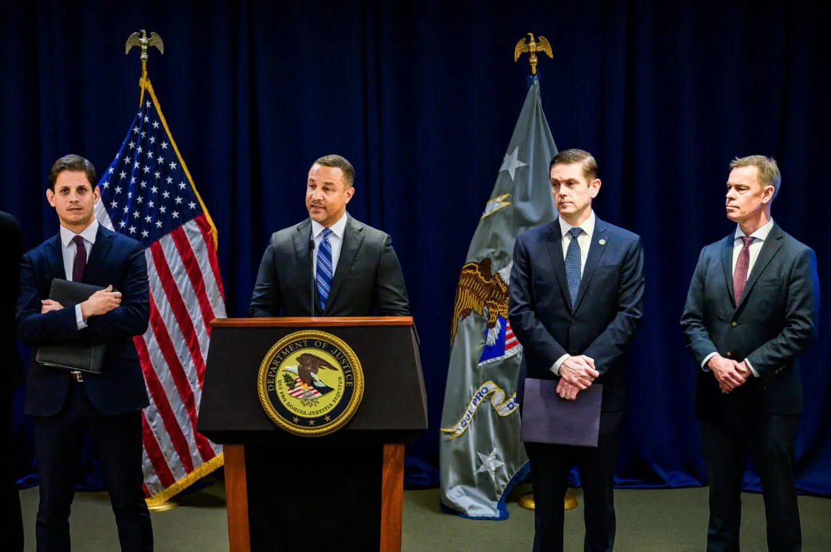 United States Attorney for the Eastern District of New York Breon Peace and other officials are seen at the US Attorney's office in New York City on April 17, 2023 announcing arrests and charges against multiple individuals alleged to be working in connection to the Chinese Chinese Communist Party. (ANGELA WEISS/AFP via Getty Images)