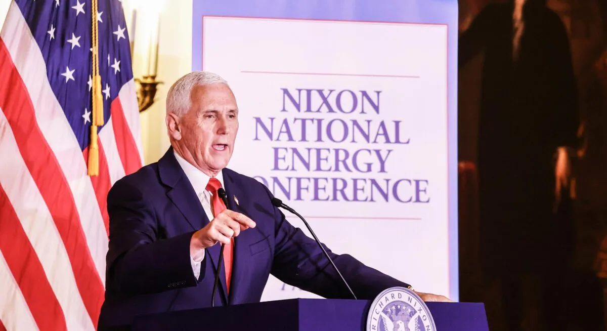 YORBA LINDA, CALIFORNIA - APRIL 19: Former U.S. Vice President Mike Pence delivers closing remarks at the Nixon National Energy Conference at the Richard Nixon Presidential Library and Museum on April 19, 2023 in Yorba Linda, California. Pence discussed American energy policy at the event which marked the 50th anniversary of the country’s first energy policy. (Photo by Mario Tama/Getty Images)