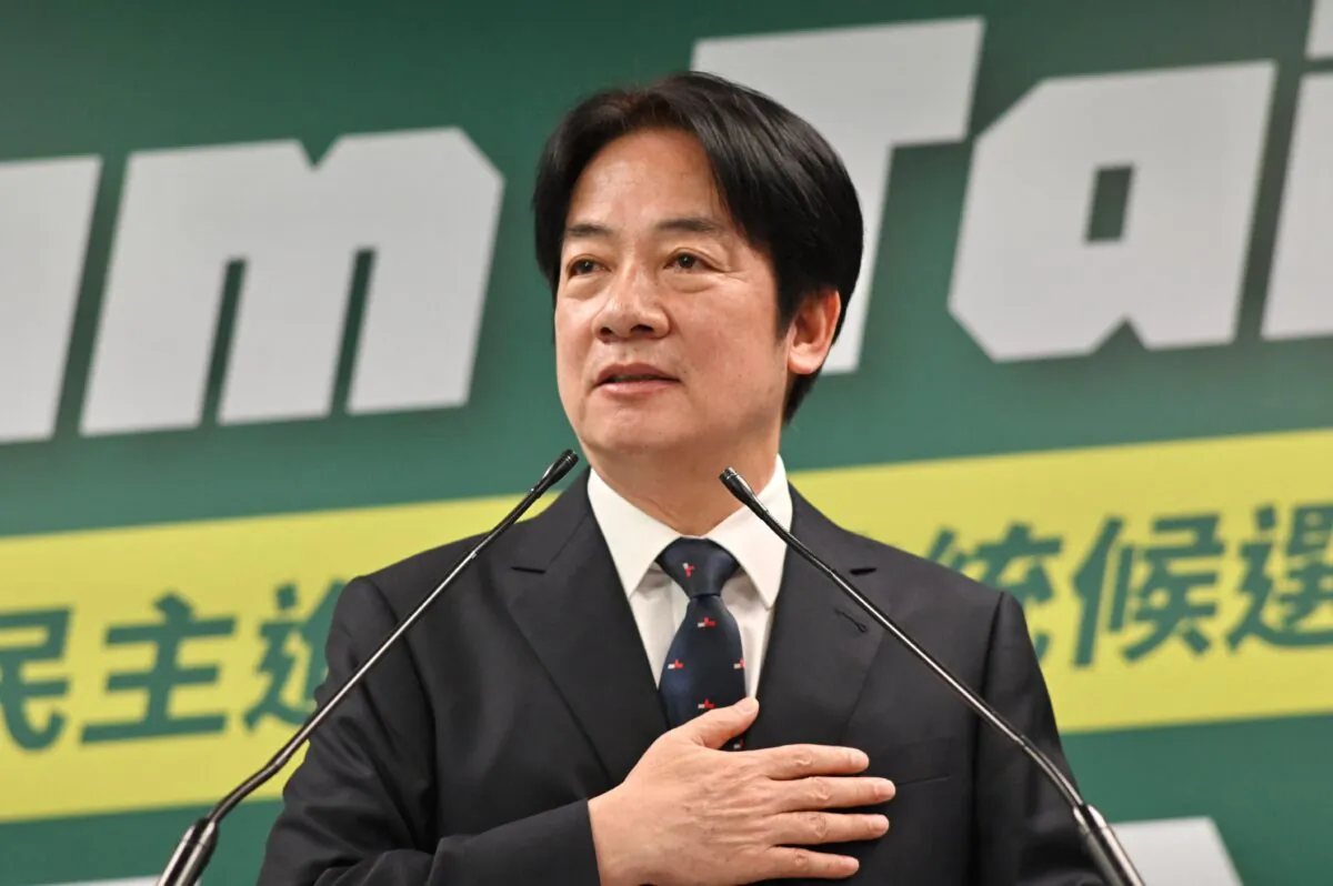 Taiwan Vice President and Chairman of the ruling Democratic Progressive Party (DPP) William Lai gestures during his speech at the DPP headquarters in Taipei on April 12, 2023. - Lai will represent the DPP running for presidential elections in 2024. (Sam Yeh/AFP via Getty Images)