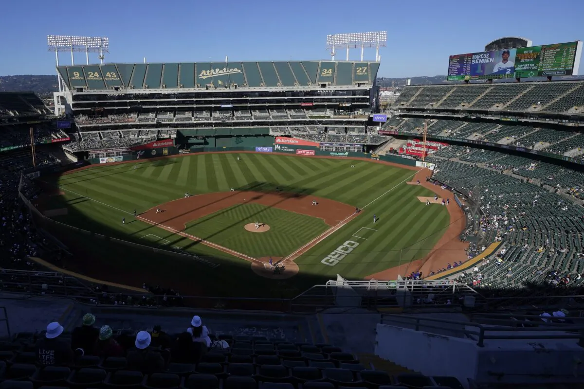 The Oakland Athletics and Texas Rangers play at the Oakland Coliseum in Oakland, Calif., on July 23, 2022. (Jeff Chiu/AP Photo)