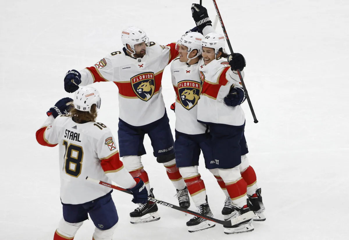 Florida Panthers defenseman Brandon Montour (62) (R) celebrates his second goal of the period with center Nick Cousins (21), center Colin White (6) and defenseman Marc Staal (18) during the third period of game two of the first round of the 2023 Stanley Cup Playoffs against the Boston Bruins at TD Garden in Boston on April 19, 2023. (Winslow Townson/USA TODAY Sports via Reuters)