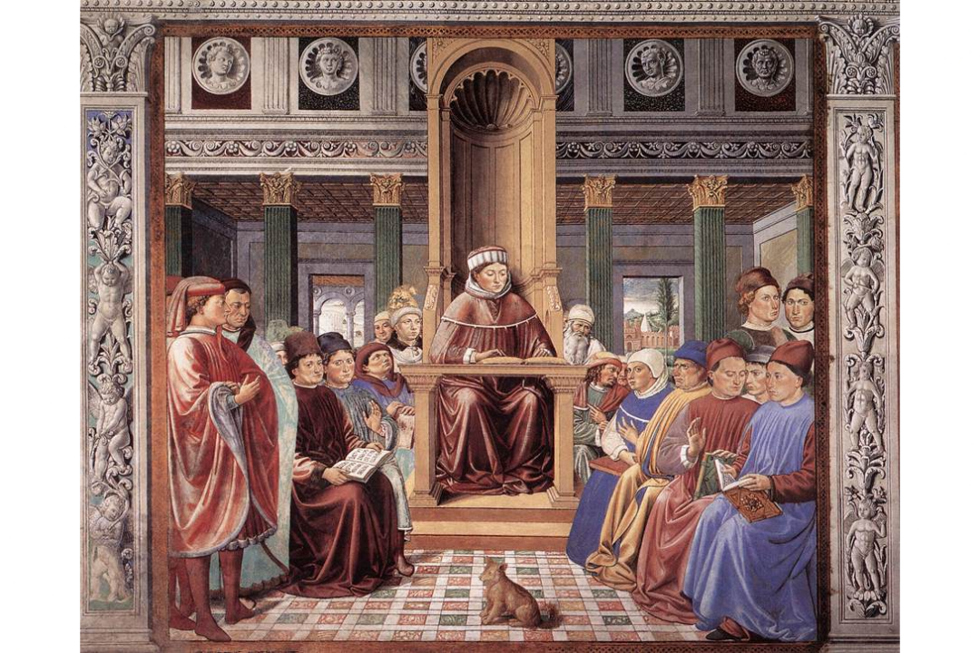Medieval theologian St. Augustine used rhetoric as a tool for learning. "St. Augustine Reading Rhetoric and Philosophy at the School of Rome," 1464–1465, Benozzo Gozzoli. (Public Domain)