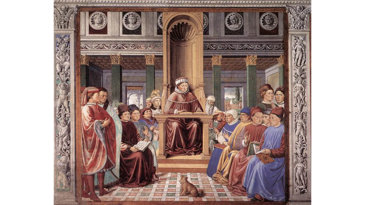 Medieval theologian St. Augustine used rhetoric as a tool for learning. "St. Augustine Reading Rhetoric and Philosophy at the School of Rome," 1464–1465, Benozzo Gozzoli. (Public Domain)