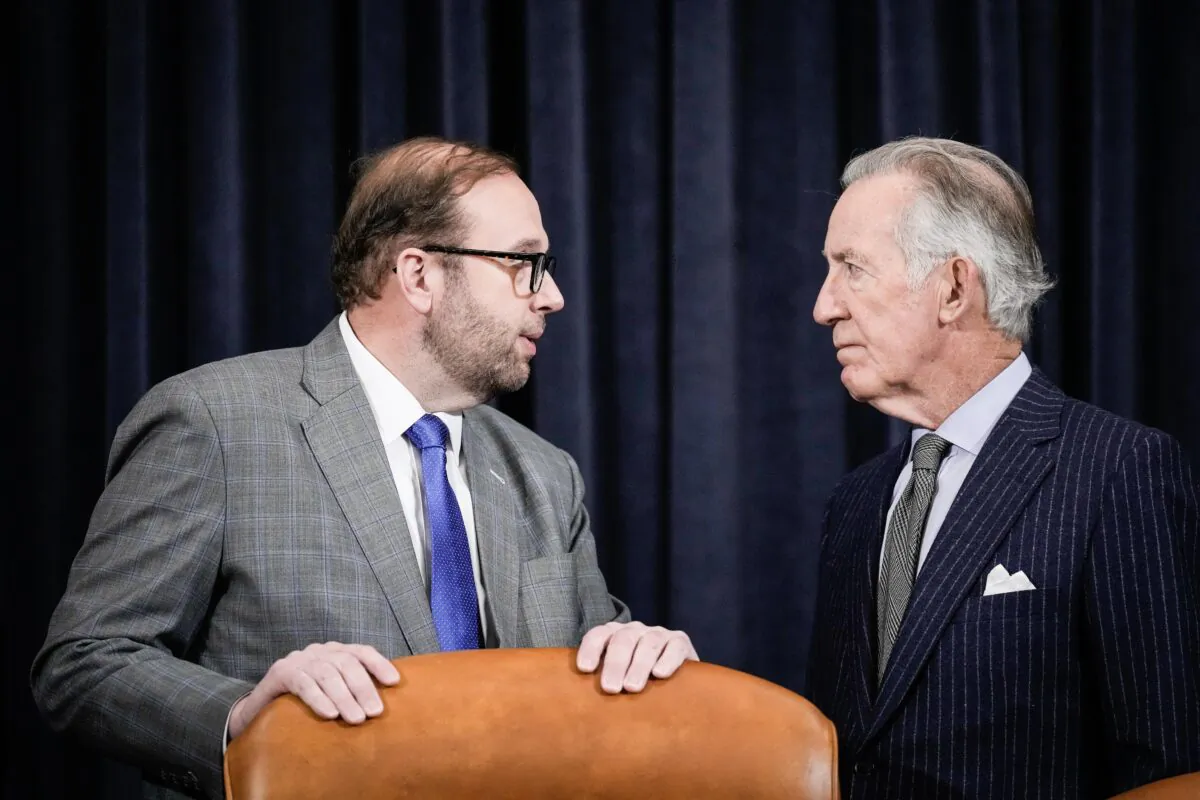 (L-R) Committee chairman Rep. Jason Smith (R-Mo.) speaks with ranking member Rep. Richard Neal (D-Mass.) during a House Ways and Means Committee hearing on Capitol Hill in Washington on March 10, 2023. The hearing focused on President Joe Biden's fiscal year 2024 budget plan. (Drew Angerer/Getty Images)