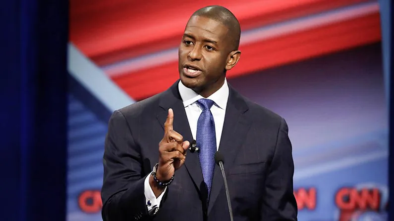 Florida Democratic gubernatorial candidate Andrew Gillum speaks during a CNN debate against Republican gubernatorial candidate Ron DeSantis, on Oct. 21, 2018. (AP Photo/Chris O'Meara)