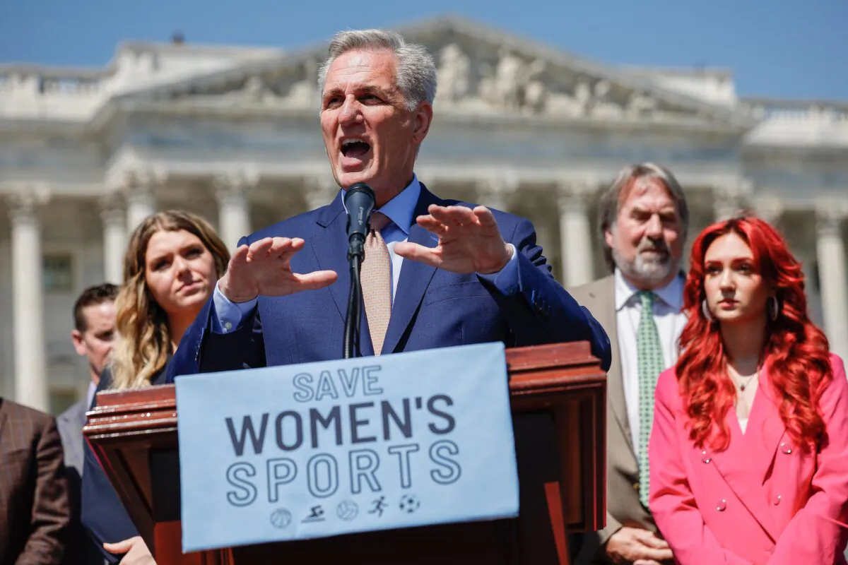House Speaker Kevin McCarthy (R-Calif.) speaks during an event to celebrate the House passing The Protection of Women and Girls In Sports Act outside the U.S. Capitol in Washington on April 20, 2023. (Chip Somodevilla/Getty Images)
