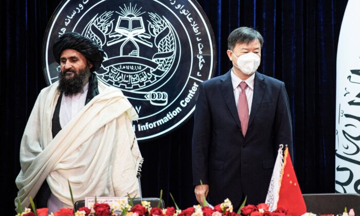 Afghanistan's acting first deputy prime minister Abdul Ghani Baradar (L) and China's ambassador to Afghanistan Wang Yu in Kabul on Jan. 5, 2023. (Ahmad Sahel Arman/AFP via Getty Images)
