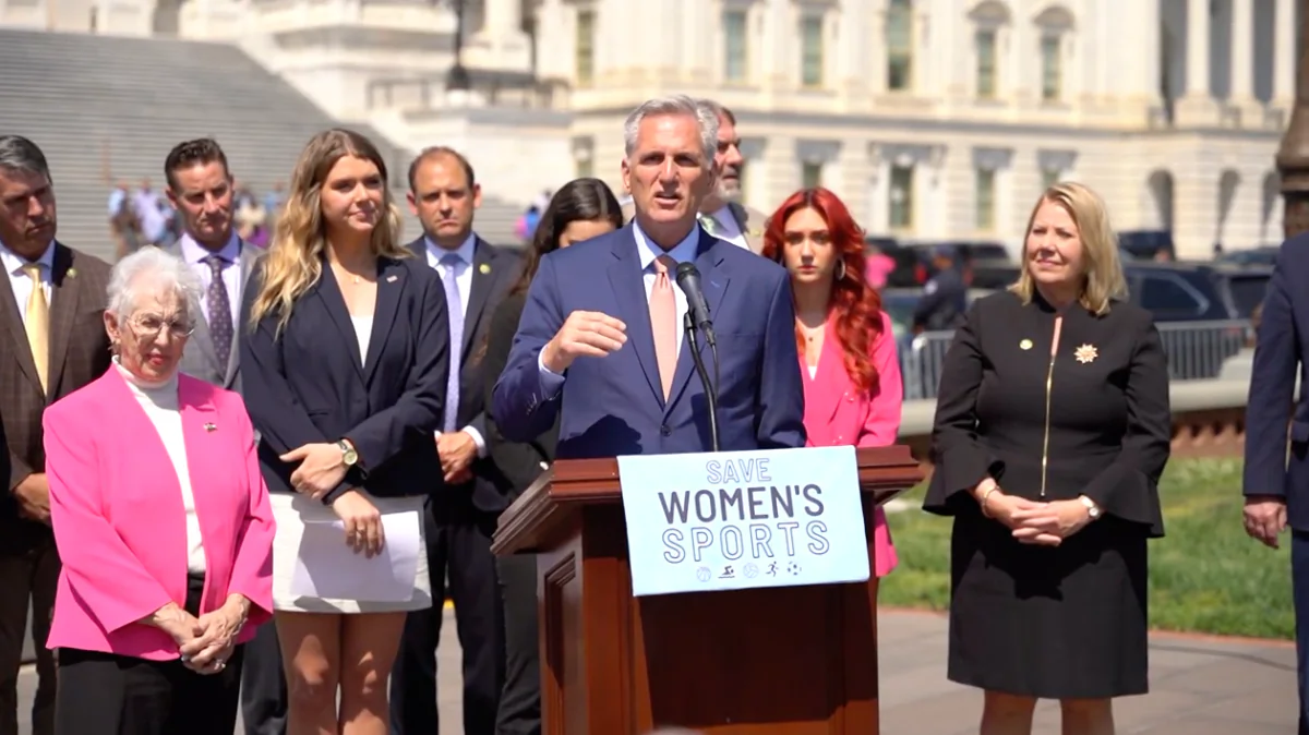 House Speaker Kevin McCarthy (R-Calif.) responds to questions at a press conference at the Capitol on April 20, 2023. (Courtesy NTD)