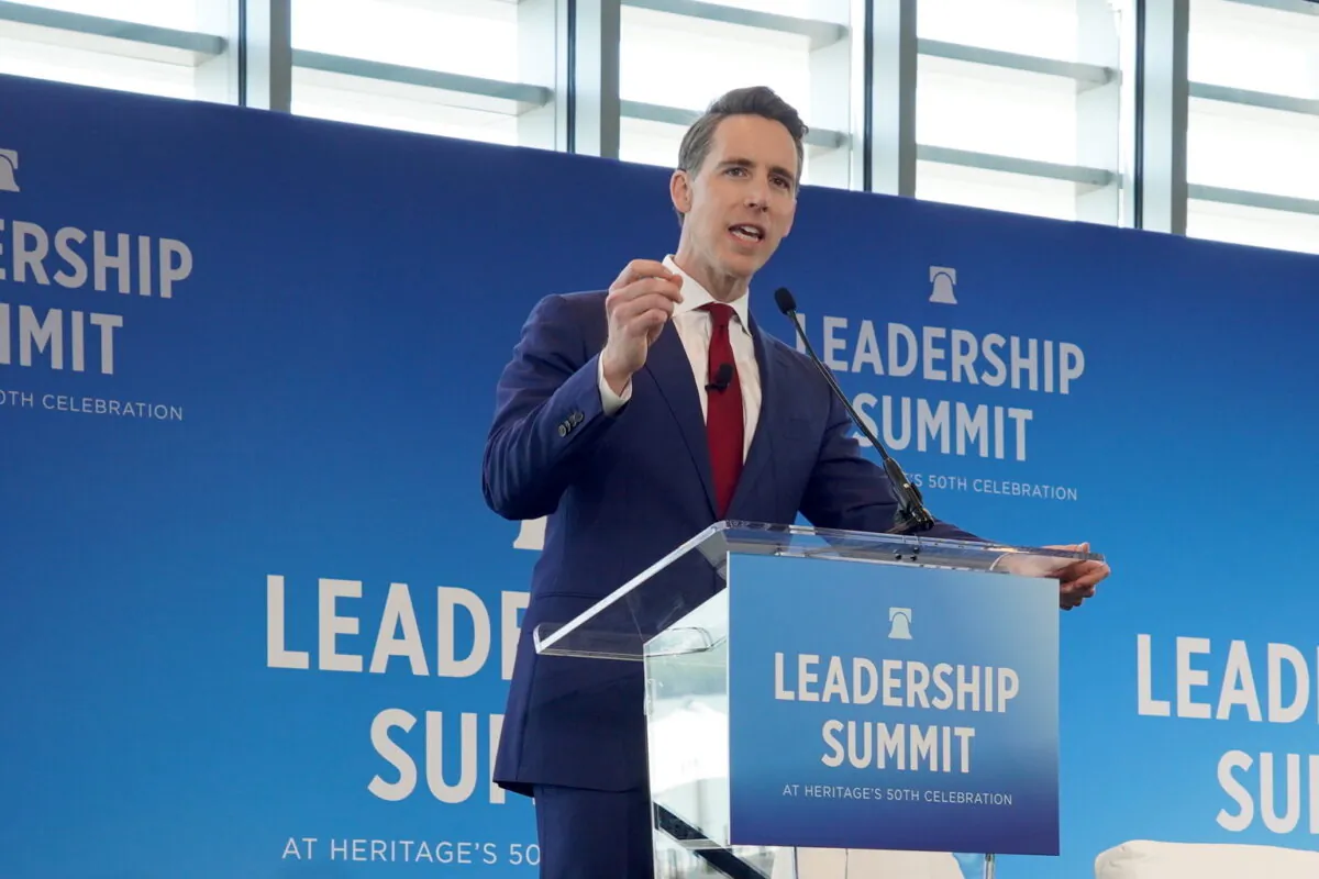 Sen. Josh Hawley (R-Mo.) speaks at the Heritage Foundation's Leadership Summit in National Harbor, Md., on Apr. 20, 2023. (Terri Wu/The Epoch Times)
