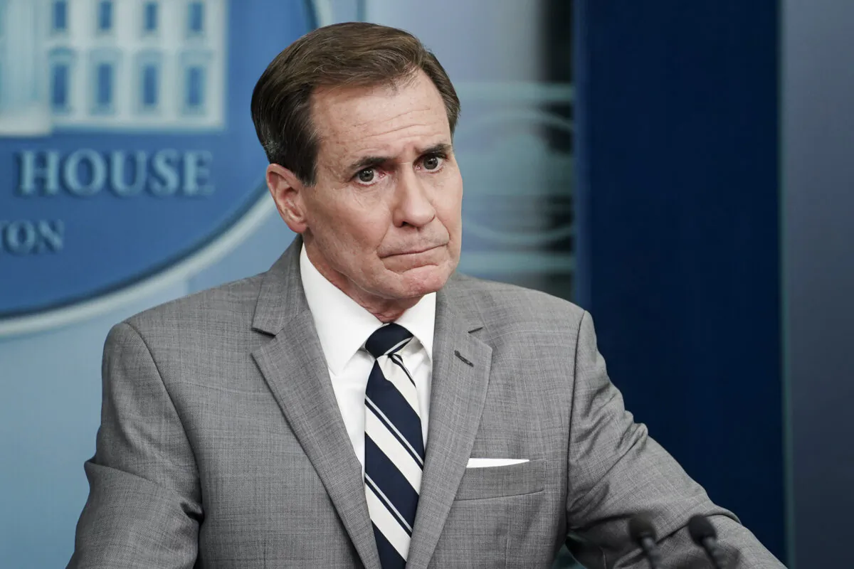National Security Council Coordinator for Strategic Communications John Kirby answers questions at a press briefing with reporters at the White House in Washington on April 20, 2023. (Madalina Vasiliu/The Epoch Times)
