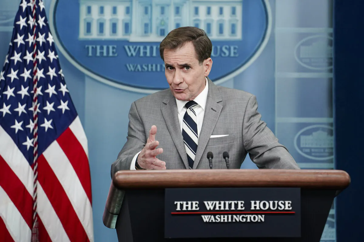 White House National Security Council spokesperson John Kirby answers questions at a press briefing with reporters at the White House on April 20, 2023. (Madalina Vasiliu/The Epoch Times)