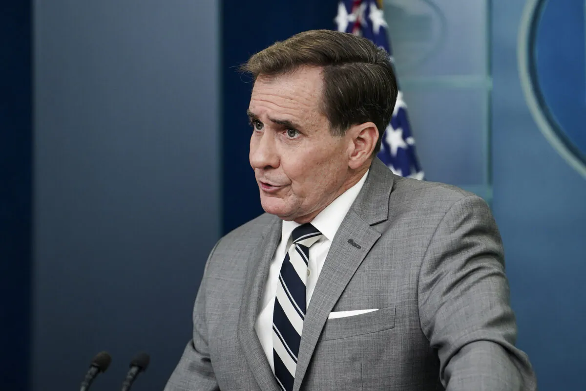 National Security Council Coordinator for Strategic Communications John Kirby answers questions at a press briefing with reporters at the White House in Washington on April 20, 2023. (Madalina Vasiliu/The Epoch Times)