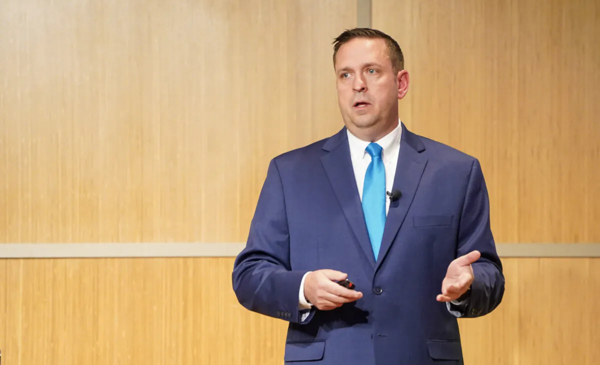 Orange County Executive Steve Neuhaus delivers the "State of the County" address in Goshen, N.Y., on April 19, 2023. (Cara Ding/The Epoch Times)