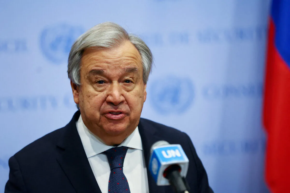 United Nations Secretary-General Antonio Guterres deliver remarks to reporters outside the U.N. Security Council at U.N., headquarters in New York City, on April 20, 2023. (Mike Segar/Reuters)