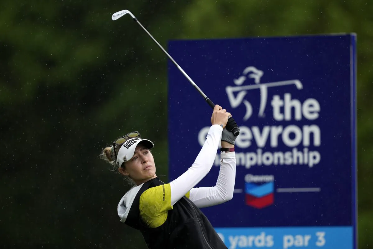 Nelly Korda hits her tee shot on the 17th hole during the first round of The Chevron Championship golf tournament at The Woodlands, Texas, on April 20, 2023. (David J. Phillip/AP Photo)