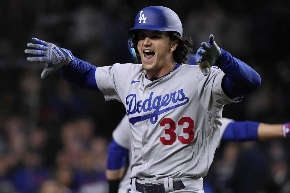 Los Angeles Dodgers' James Outman celebrates his grand slam against the Chicago Cubs during the ninth inning of a baseball game in Chicago, on April 20, 2023. (Nam Y. Huh/AP Photo)