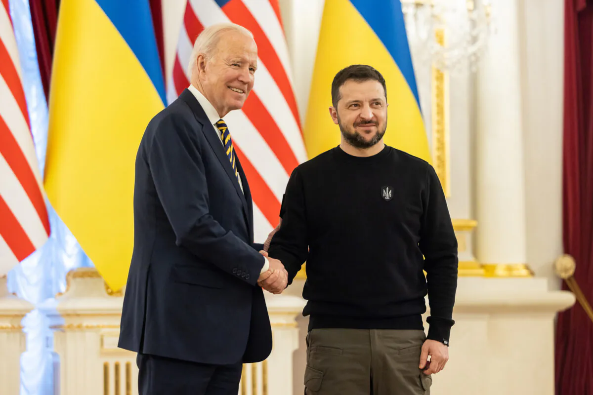 U.S. President Joe Biden meets with Ukrainian President Volodymyr Zelenskyy at the Ukrainian presidential palace in Kyiv, Ukraine, on Feb. 20, 2023. (Ukrainian Presidential Press Office via Getty Images)