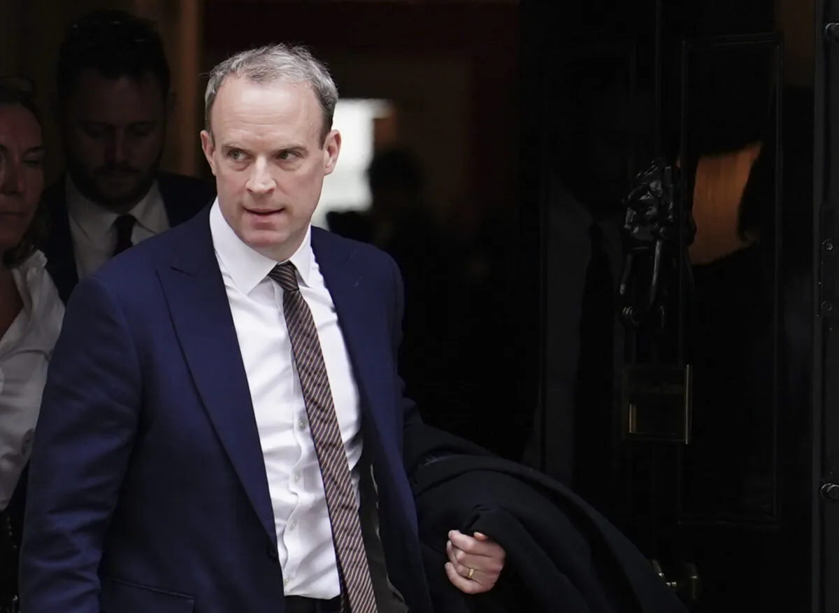 Dominic Raab leaves No. 10 Downing Street following a Cabinet meeting in London on April 18, 2023. (Jordan Pettitt/PA Media)