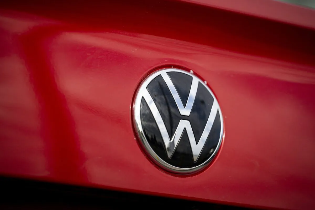 The Volkswagen emblem is seen on a vehicle for sale at a dealership in Ottawa, on April 20, 2023. (The Canadian Press/Justin Tang)
