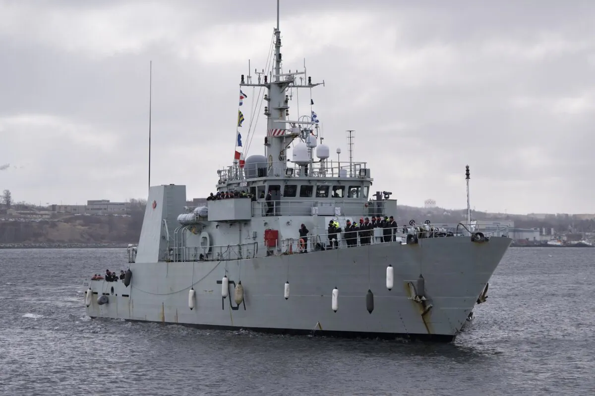 HMCS Glace Bay in Halifax Harbour during the ship's homecoming in Halifax on March 31, 2023. (The Canadian Press/Darren Calabrese)