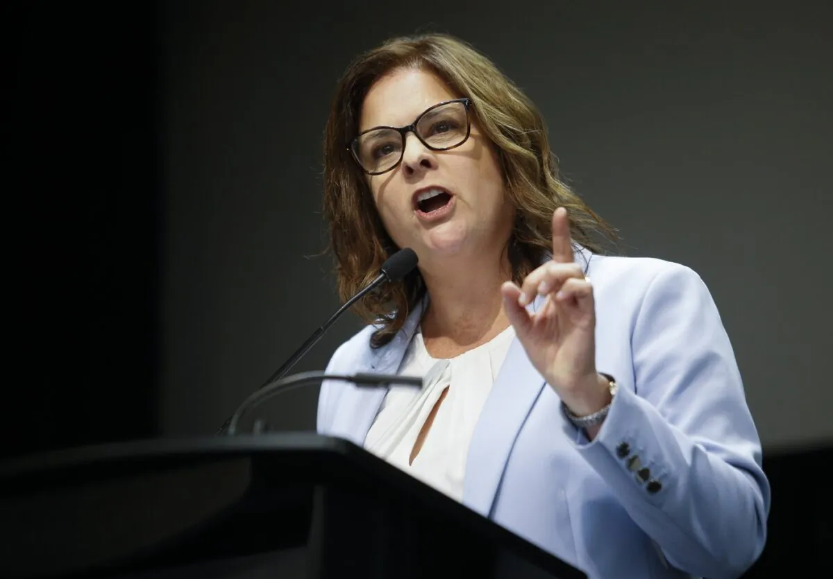 Manitoba Premier Heather Stefanson speaks at the convention centre in Winnipeg on April 15, 2023. (John Woods/The Canadian Press)