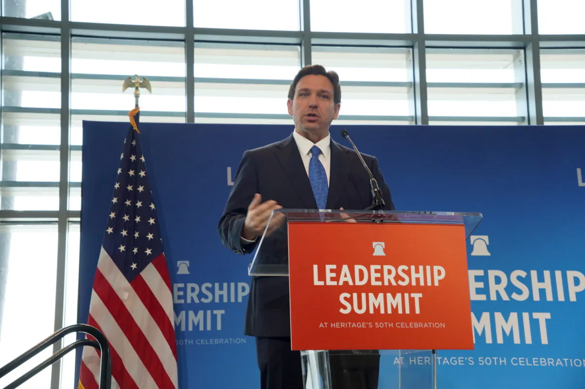 Florida Gov. Ron DeSantis speaks at the Heritage Foundation's Leadership Summit in National Harbor, Md., on April 20, 2023. (Terri Wu/The Epoch Times)