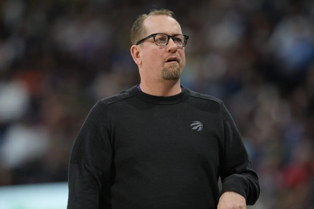 Toronto Raptors head coach Nick Nurse directs his team against the Denver Nuggets in the first half of an NBA basketball game, Mar. 6, 2023, in Denver. (The Canadian Press/David Zalubowski)
