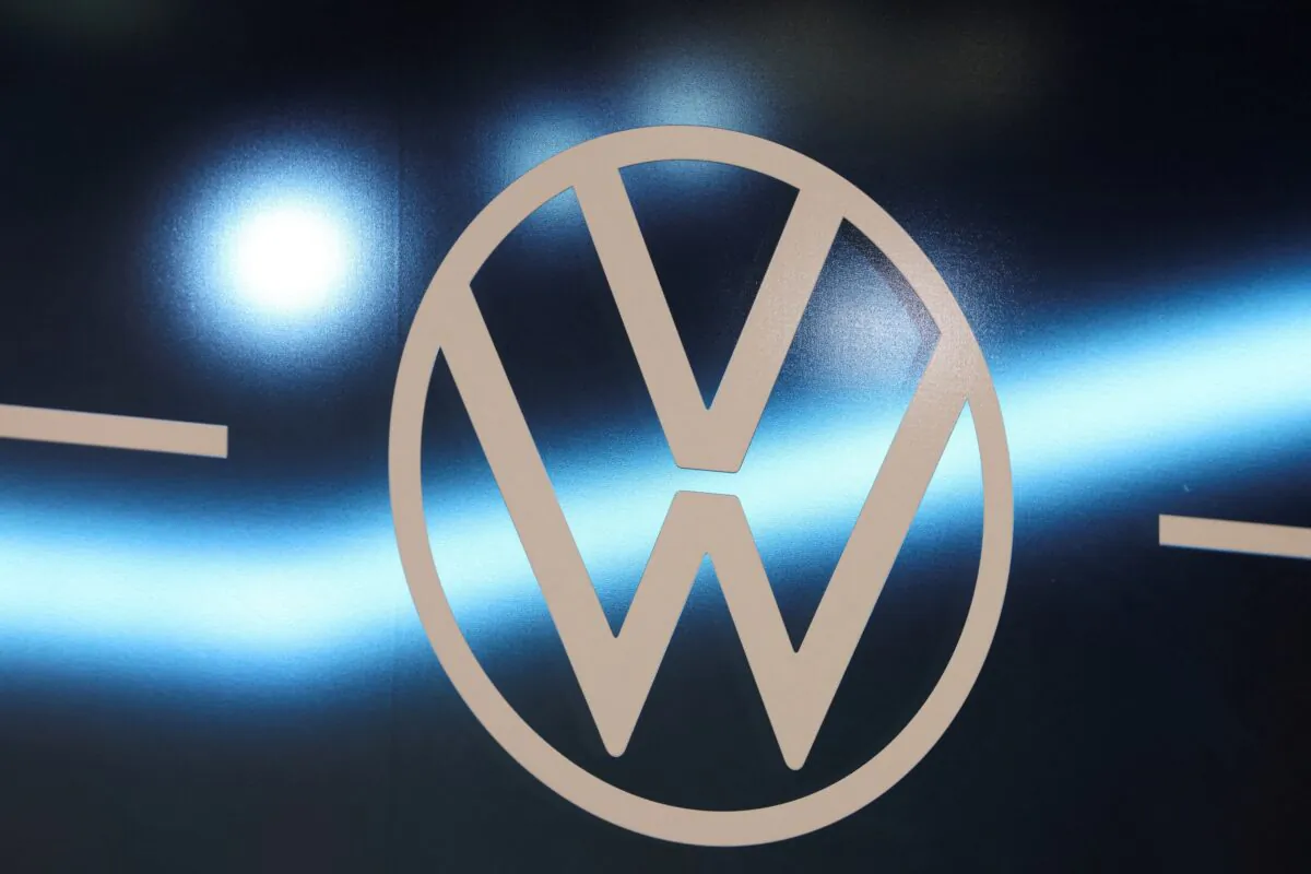 A Volkswagen logo during the New York International Auto Show in Manhattan, New York, on April 5, 2023. (Andrew Kelly/Reuters)