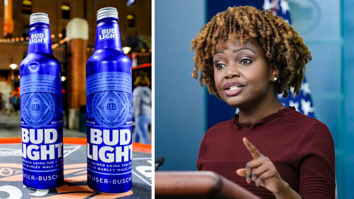 Bud Light beer bottles (L) sit on a table at Oriole Park at Camden Yards in Baltimore, Md., on Sept. 19, 2019. (Rob Carr/Getty Images); White House press secretary Karine Jean-Pierre (R) at the White House in Washington on April 20, 2023. (Drew Angerer/Getty Images)