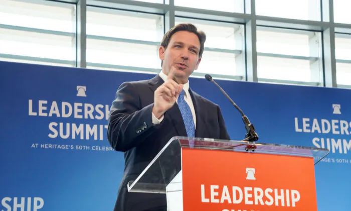 Florida Gov. Ron DeSantis speaks at the Heritage Foundation's Leadership Summit in National Harbor, Md., on April 20, 2023. (Terri Wu/The Epoch Times)