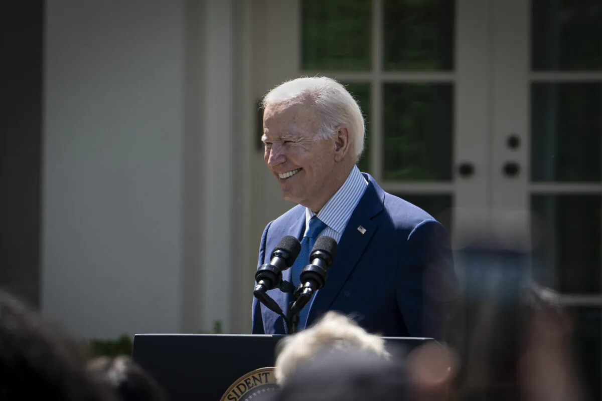 President Joe Biden speaks about advancing environmental justice in the Rose Garden at the White House in Washington on April 21, 2023. (Madalina Vasiliu/The Epoch Times)