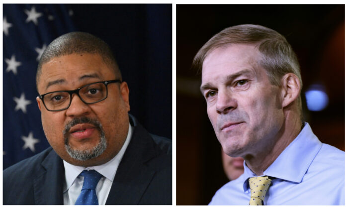 L: Manhattan District Attorney Alvin Bragg outside the Manhattan Federal Court in New York on April 4, 2023. (Angela Weiss/AFP via Getty Images) R: Rep. Jim Jordan (R-Ohio) in Washington on July 21, 2021. (Anna Moneymaker/Getty Images)