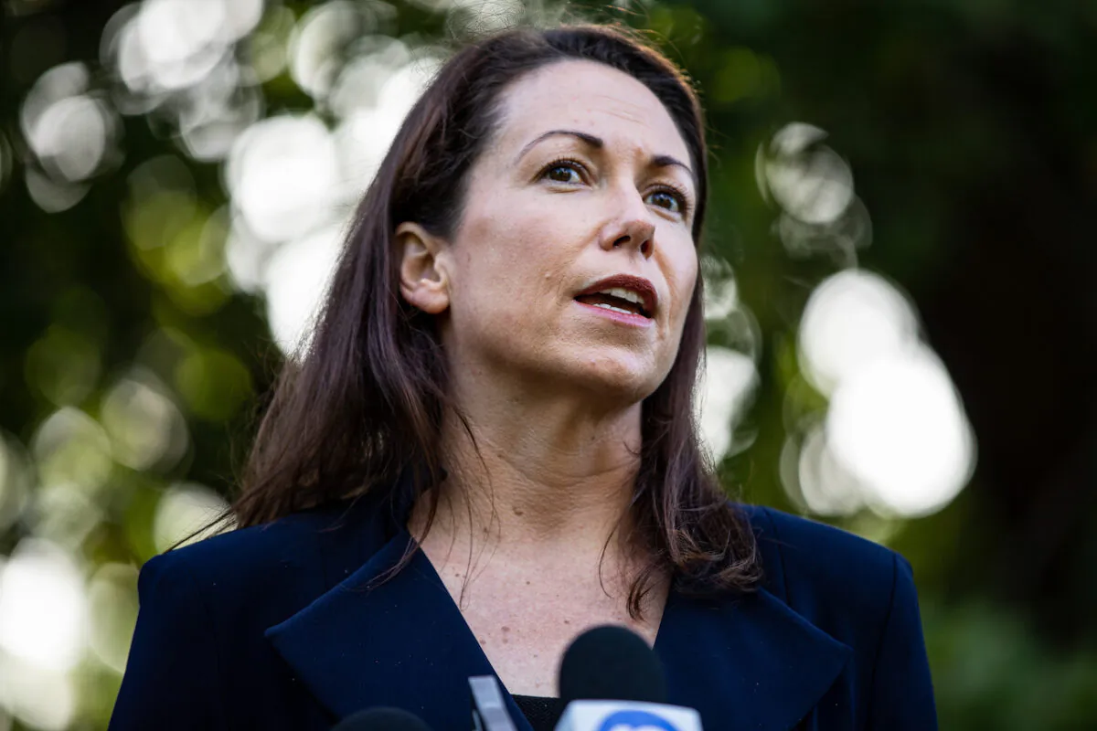 Victorian Labor Treasurer Jaclyn Symes speaks to the media during a press conference in Melbourne, Victoria March 10, 2022. (AAP Image/Diego Fedele)
