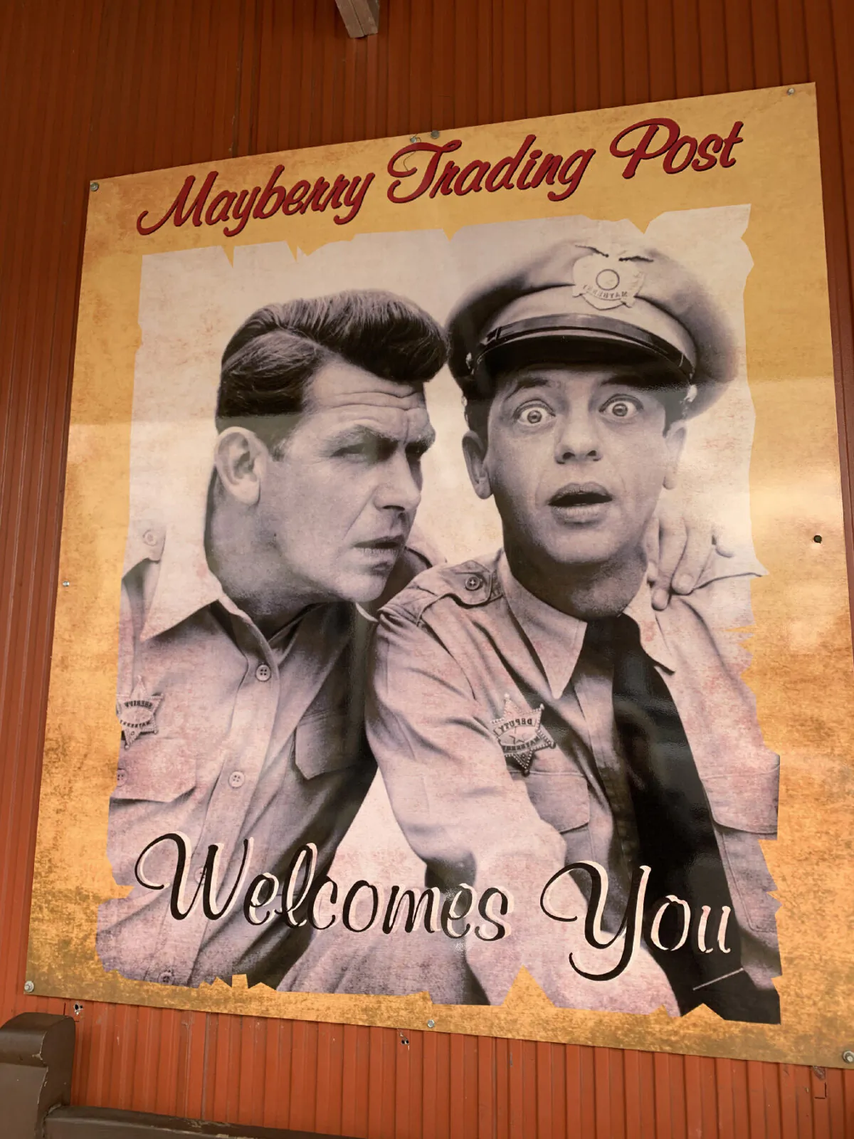 A poster on Main Street in Mount Airy, North Carolina, features Andy Griffith as Sheriff Taylor and Don Knotts as Barney Fife in the popular 1960s TV series “The Andy Griffith Show.” (Courtesy of Sharon Whitley Larsen)
