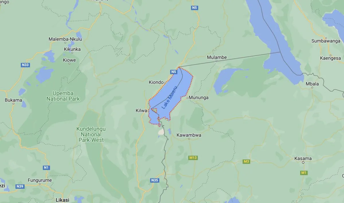 A map shows the location of Lake Mweru (also spelled as Mwero) on the border between Zambia and Congo. (Google Maps)