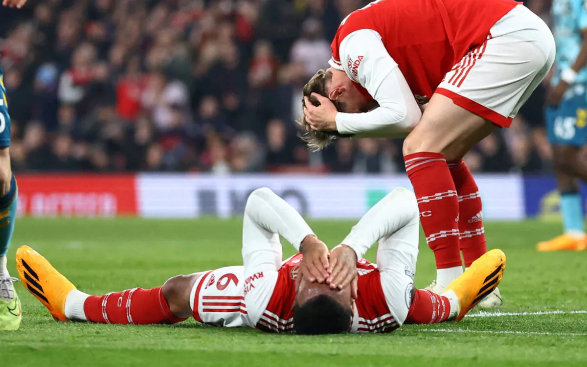 Arsenal's Gabriel and Martin Odegaard react during the Premier League match between Arsenal FC and Southampton FC at Emirates Stadium in London on April 21, 2023. (Hannah Mckay/Reuters)