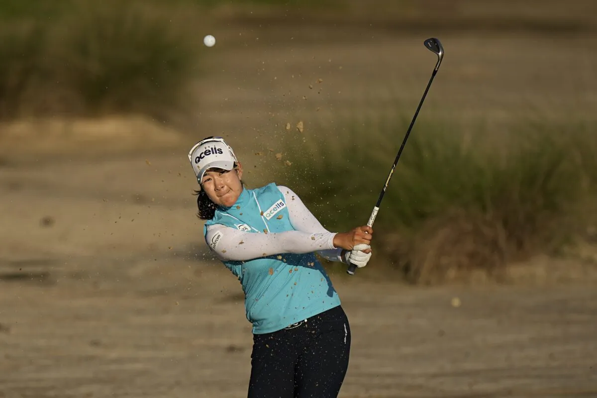 A Lim Kim, of South Korea, plays a shot from a bunker on the eighth hole during the second round of the Chevron Championship women's golf tournament in The Woodlands, Texas, on April 21, 2023. (Eric Gay/AP Photo)