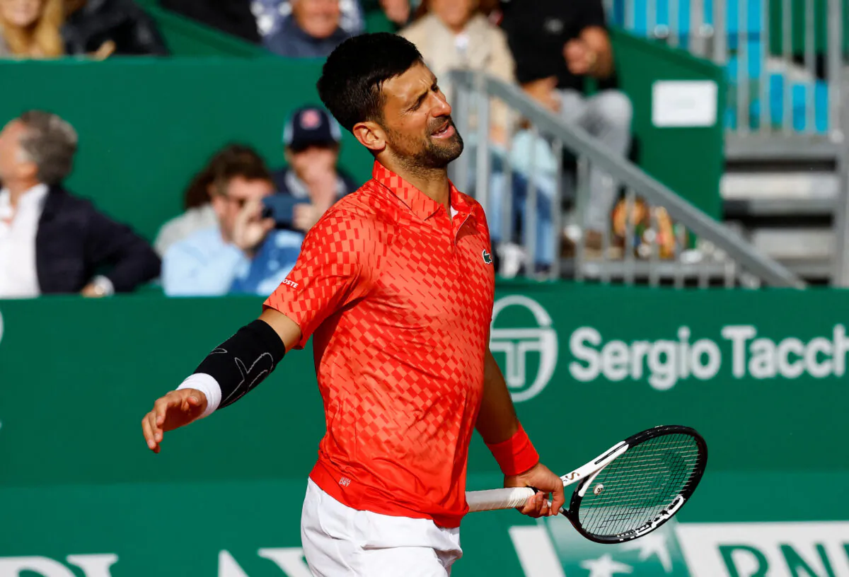 Serbia's Novak Djokovic reacts during his round of 16 match against Italy's Lorenzo Musetti during the ATP Masters 1000 - Monte Carlo Masters tennis match at Monte-Carlo Country Club in Roquebrune-Cap-Martin, France, on April 13, 2023. (Eric Gaillard/Reuters)