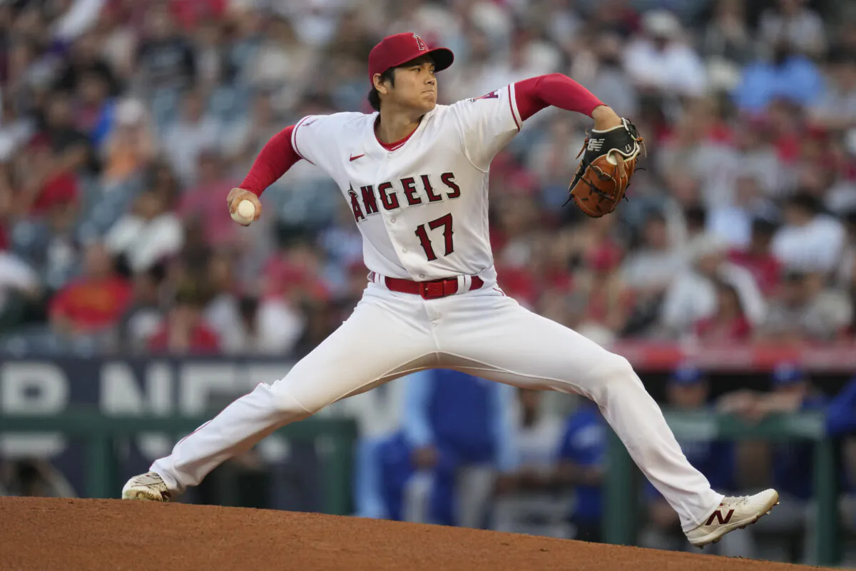 Los Angeles Angels starting pitcher Shohei Ohtani (17) throws during the first inning of a baseball game against the Kansas City Royals in Anaheim, Calif., on April 21, 2023. (Ashley Landis/AP Photo)