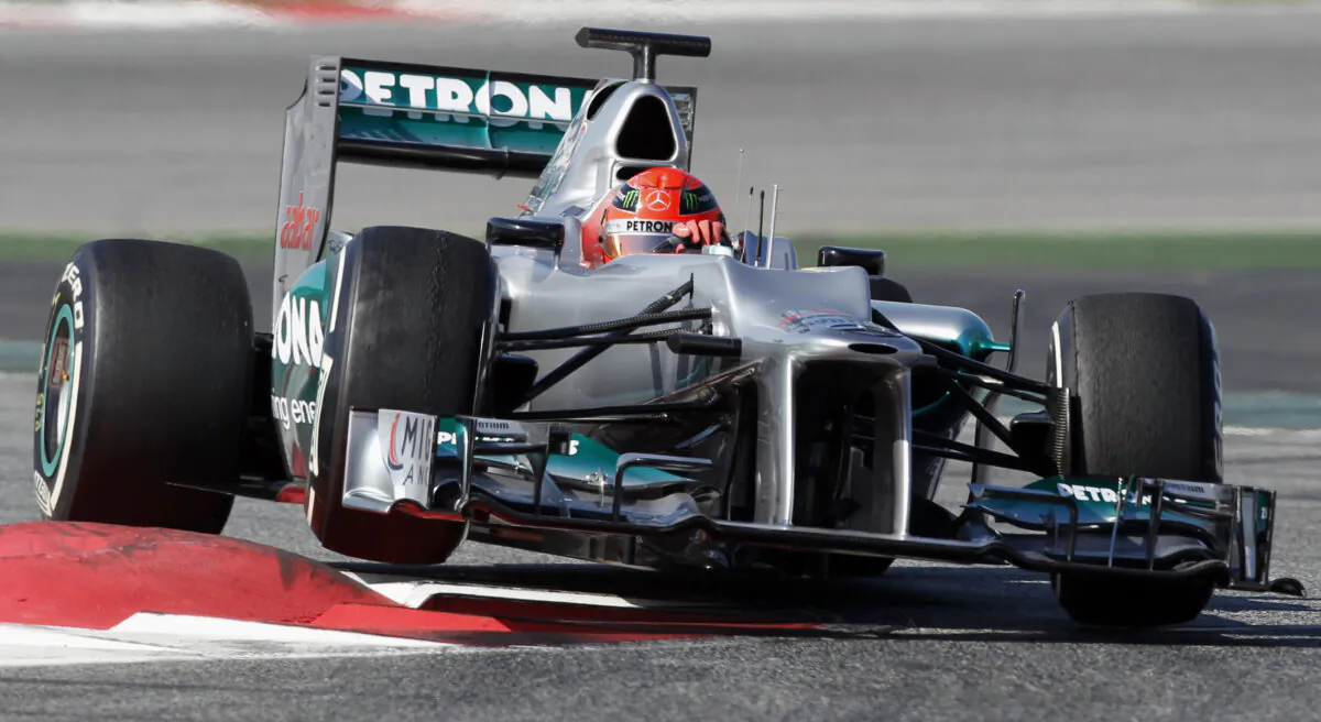 Mercedes Formula One driver Michael Schumacher of Germany takes a curve during a training session at Circuit de Catalunya racetrack, in Montmelo, near Barcelona, on Feb. 21, 2012. (Albert Gea/Reuters)