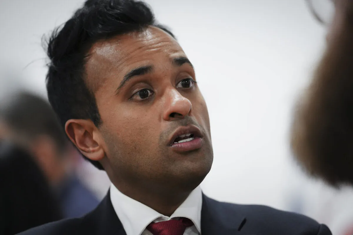 Republican presidential candidate Vivek Ramaswamy speaks to an Epoch Times reporter at the Iowa Faith & Freedom Coalition in Clive, Iowa, on April 22, 2023. (Madalina Vasiliu/The Epoch Times)