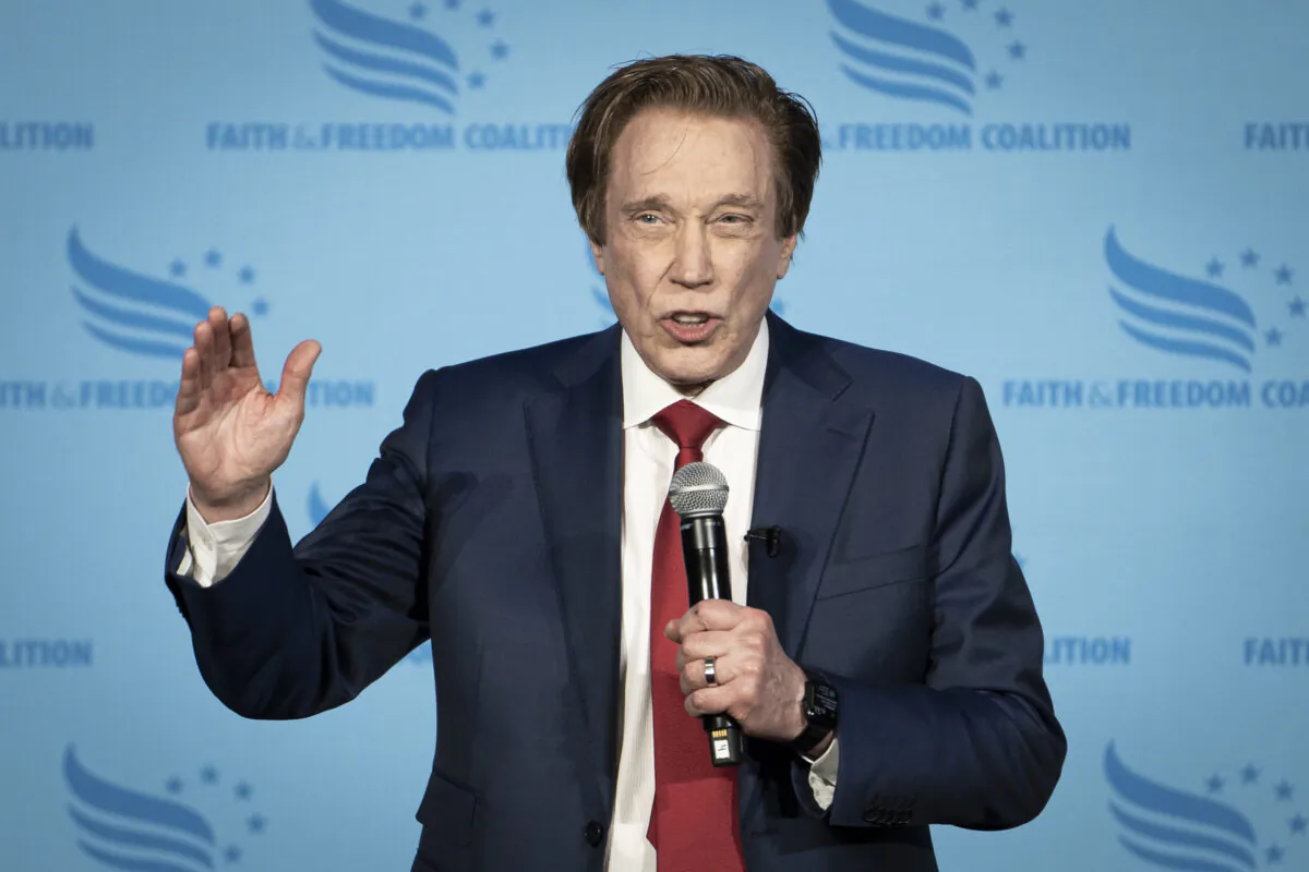 Republican presidential candidate Perry Johnson speaks at the Iowa Faith and Freedom Coalition in Clive, Iowa, on April 22, 2023. (Madalina Vasiliu/The Epoch Times)