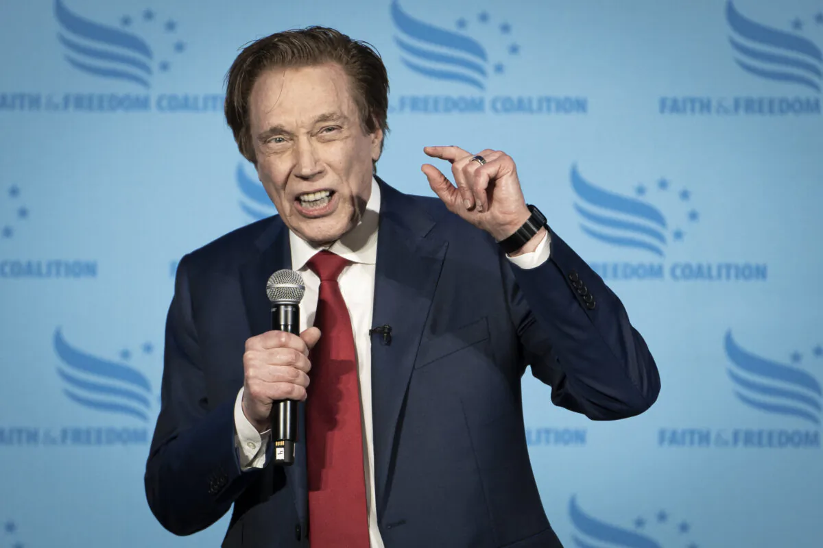 Republican presidential candidate Perry Johnson speaks at the Iowa Faith & Freedom Coalition in Clive, Iowa, on April 22, 2023. (Madalina Vasiliu/The Epoch Times)